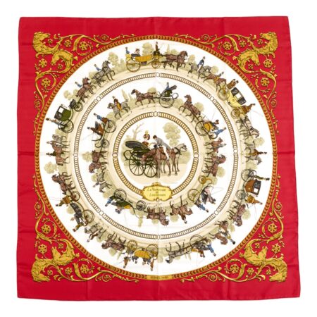 Hermes Silk Scarf Carre 90 "LA PROMENADE DE LONGCHAMPS" Red Silk Scarf