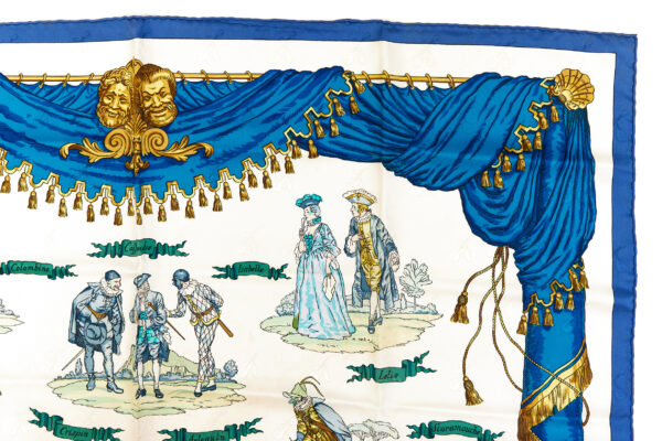 Rare Hermes Silk Scarf Carre 90 "LA COMEDIE ITALIENNE" Blue Silk Scarf - Image 3