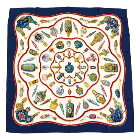 Hermes Silk Scarf Carre 90 "Qu'Importe Le Flacon" Blue Silk Scarf