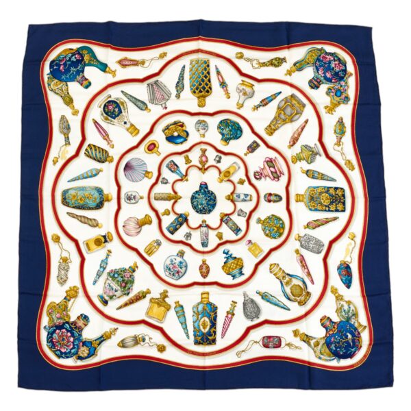 Hermes Silk Scarf Carre 90 "Qu'Importe Le Flacon" Blue Silk Scarf