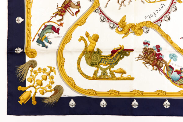 Hermes Silk Scarf Carre 90 "PLUMES ET GRELOTS" Blue Silk Scarf - Image 5