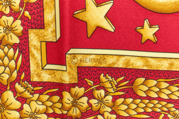 Hermes Scarf 90 "CARPE DIEM" Red, Gold 100% Silk Scarf 35" - Image 7