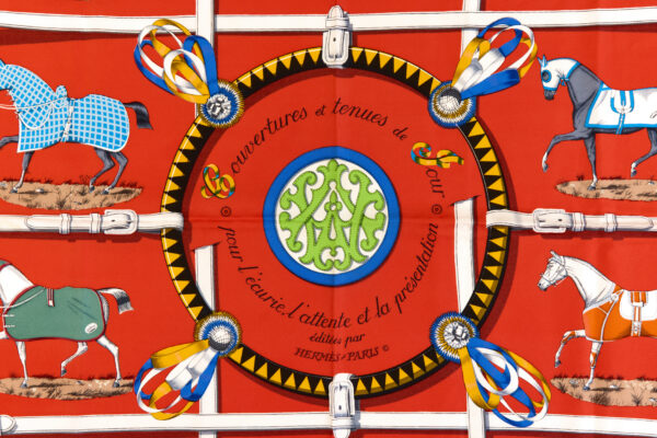 Hermes Silk Scarf Carre 90 "Couvertures et Tenues de Jour" Red Silk Scarf - Image 4