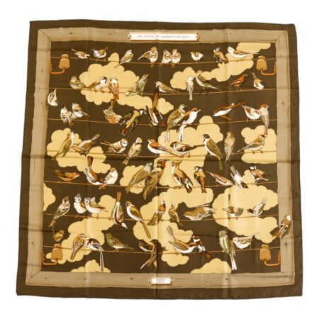 Hermes Silk Scarf Carre 90 "LES OISEAUX DES CHAMPS ET DES BOIS" Brown Silk Scarf