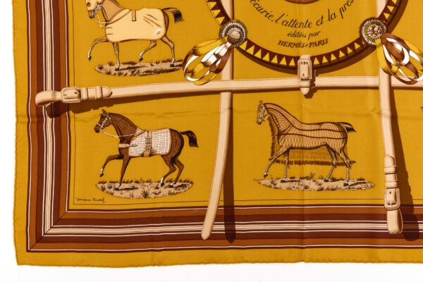 Hermes Silk Scarf Carre 90 "Couvertures et Tenues de Jour" Yellow Silk Scarf - Image 5