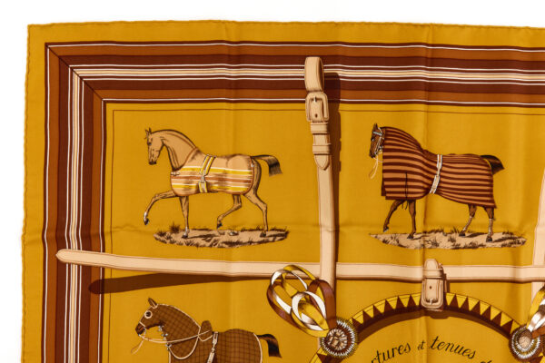 Hermes Silk Scarf Carre 90 "Couvertures et Tenues de Jour" Yellow Silk Scarf - Image 2