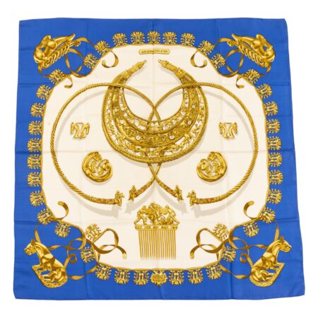 Hermes Silk Scarf Carre 90 "LES CAVALIERS DÕOR" Blue Silk Scarf