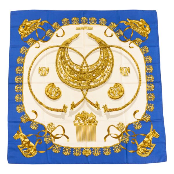 Hermes Silk Scarf Carre 90 "LES CAVALIERS DÕOR" Blue Silk Scarf