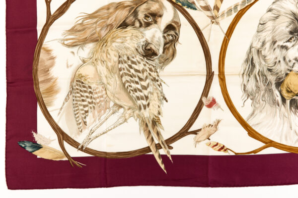 Hermes Silk Scarf Carre 90 "CHIENS AU RAPPORT" Purple Silk Scarf - Image 5