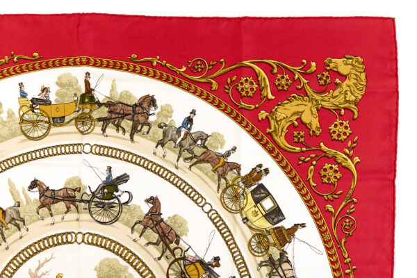 Hermes Silk Scarf Carre 90 "LA PROMENADE DE LONGCHAMPS" Red Silk Scarf - Image 3