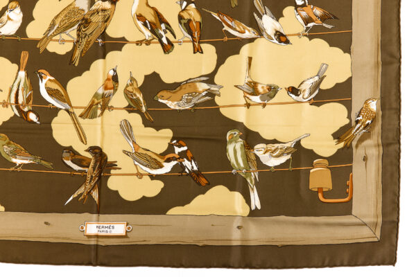 Hermes Silk Scarf Carre 90 "LES OISEAUX DES CHAMPS ET DES BOIS" Brown Silk Scarf - Image 6