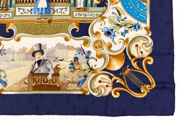Hermes Silk Scarf Carre 90 "Orgauphone et Autres Mecaniques" Blue Silk Scarf - Image 6