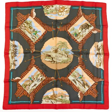Hermes Carre 90 Scarf "La Chasse en Afrique" Red Silk Scarf