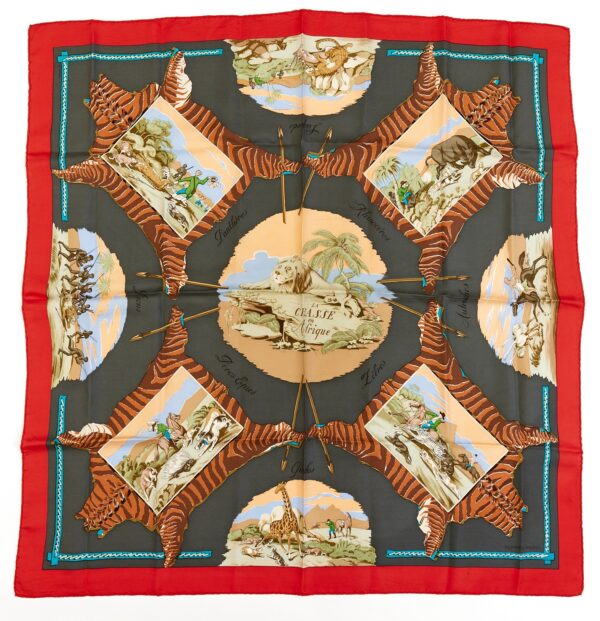 Hermes Carre 90 Scarf "La Chasse en Afrique" Red Silk Scarf