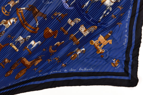 Hermes Silk Scarf Carre 90 "Raconte moi le Cheval" Blue Silk Pleats Scarf - Image 6