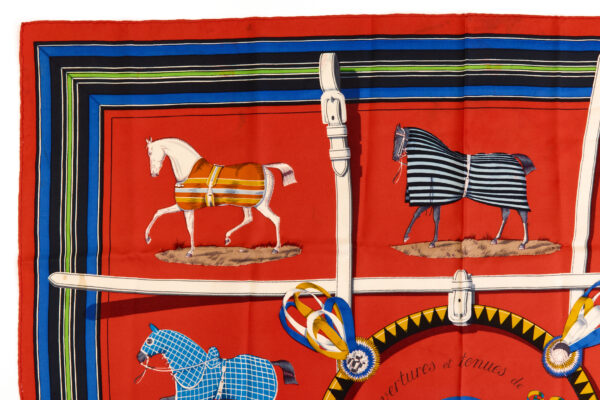 Hermes Silk Scarf Carre 90 "Couvertures et Tenues de Jour" Red Silk Scarf - Image 2