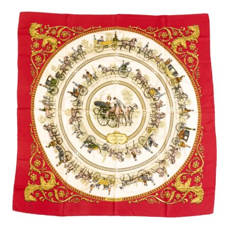 Hermes Silk Scarf Carre 90 "LA PROMENADE DE LONGCHAMPS" Red Silk Scarf