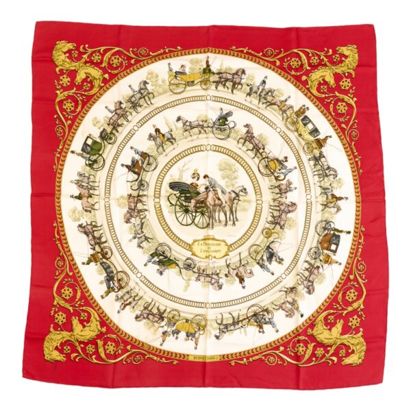 Hermes Silk Scarf Carre 90 "LA PROMENADE DE LONGCHAMPS" Red Silk Scarf