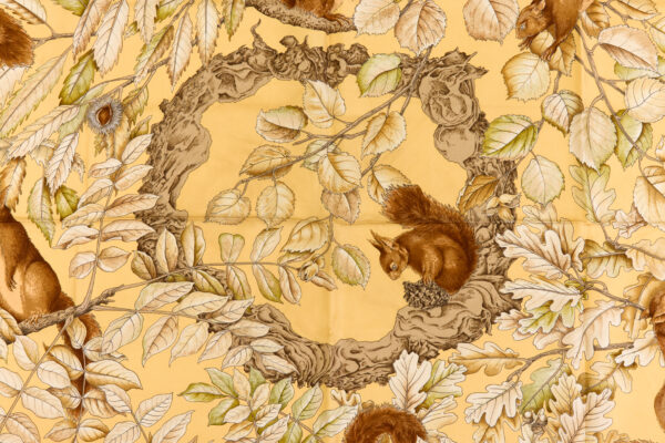 Hermes Silk Scarf Carre 90 "Casse Noisette Squirrel" Yellow Silk Scarf - Image 4