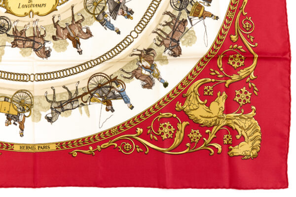 Hermes Silk Scarf Carre 90 "LA PROMENADE DE LONGCHAMPS" Red Silk Scarf - Image 6