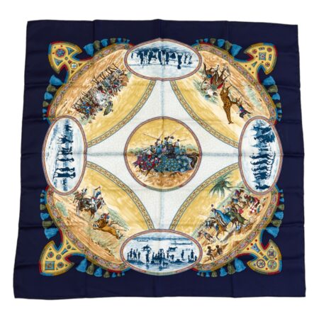 Hermes Silk Scarf Carre 90 "CAVALIERS PEULS" Blue Silk Scarf
