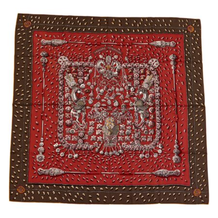 Hermes Silk Scarf Carre 90 "Tresors Retrouves" Brown Silk Scarf