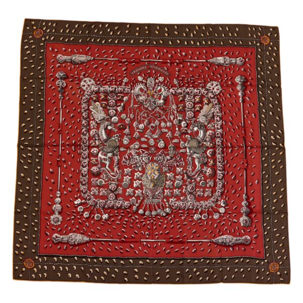 Hermes Silk Scarf Carre 90 "Tresors Retrouves" Brown Silk Scarf