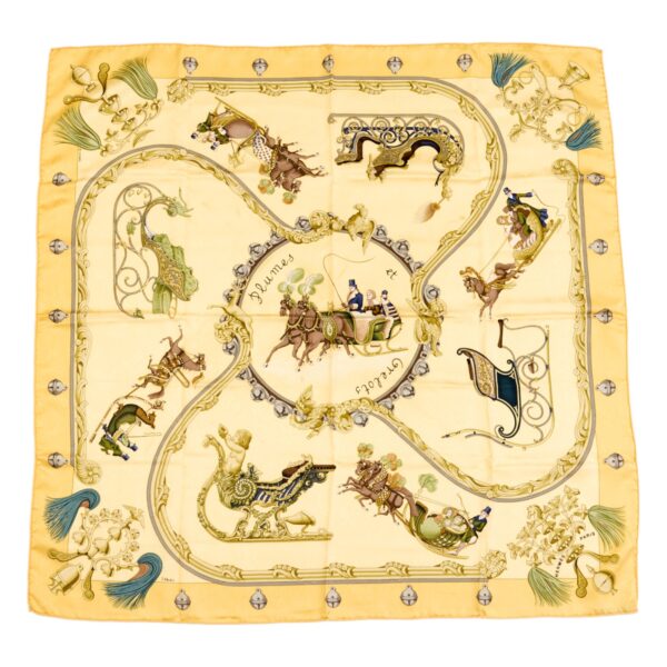 Hermes Silk Scarf Carre 90 "PLUMES ET GRELOTS" Yellow Silk Scarf