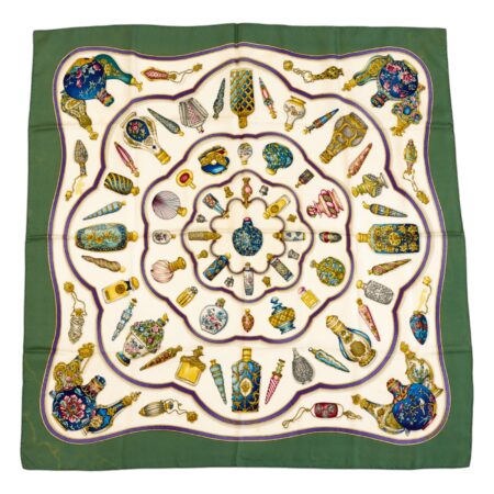 Hermes Silk Scarf Carre 90 "Qu'Importe Le Flacon" Green Silk Scarf