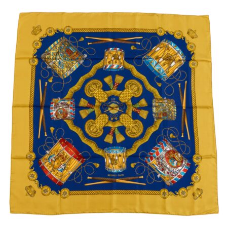 Hermes Silk Scarf Carre 90 "LES TAMBOURS" Yellow Silk Pleats Scarf