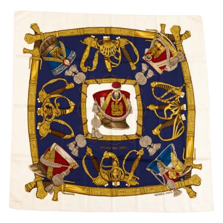 Hermes Silk Scarf Carre 90 "GRAND UNIFORME" White Silk Scarf