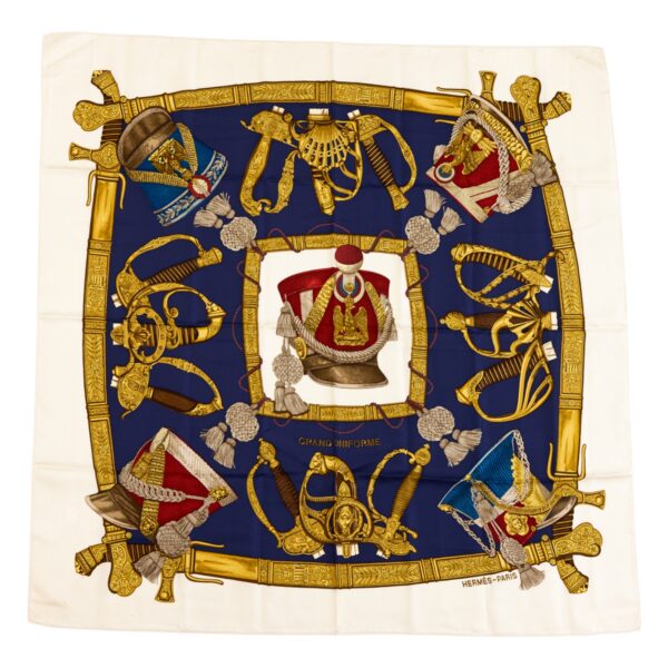 Hermes Silk Scarf Carre 90 "GRAND UNIFORME" White Silk Scarf