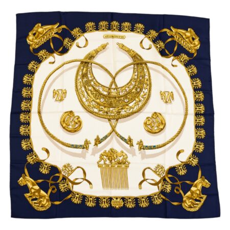 Hermes Silk Scarf Carre 90 "LES CAVALIERS D’OR" Blue Silk Scarf