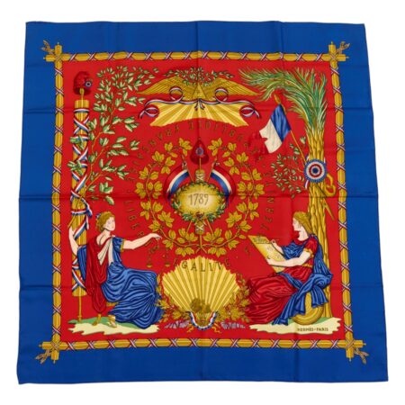 Hermes Silk Scarf Carre 90 "LIBERTE EGALITE FRATERNITE REPUBLIQUE FRANCAISE" Blue Silk Pleats Scarf