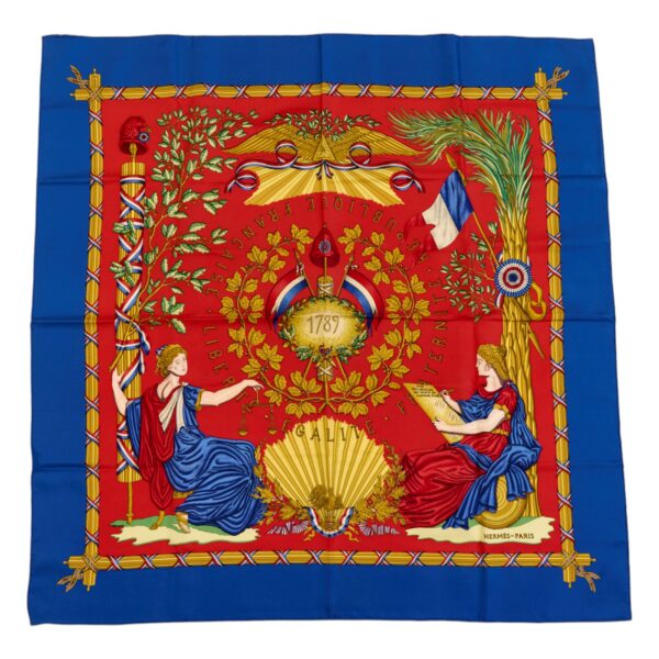 Hermes Silk Scarf Carre 90 "LIBERTE EGALITE FRATERNITE REPUBLIQUE FRANCAISE" Blue Silk Pleats Scarf