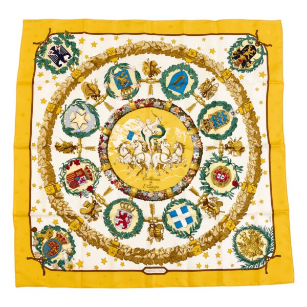 Hermes Silk Scarf Carre 90 "Emblemes de l'Europe" Yellow Silk Scarf
