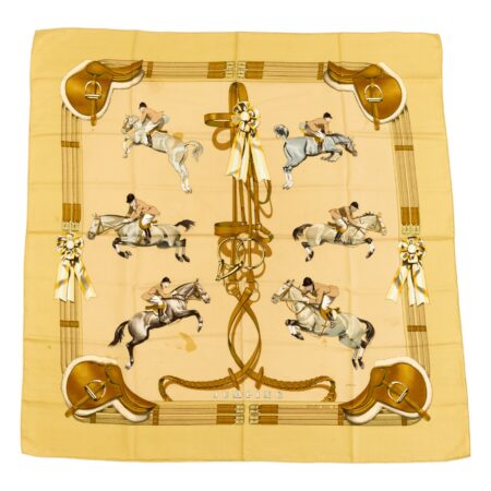 (B-) Hermes Silk Scarf Carre 90 "JUMPING" Yellow Silk Pleats Scarf