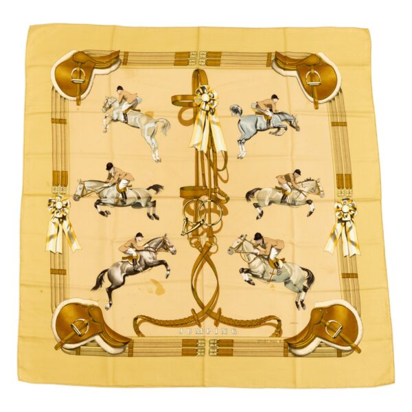 (B-) Hermes Silk Scarf Carre 90 "JUMPING" Yellow Silk Pleats Scarf
