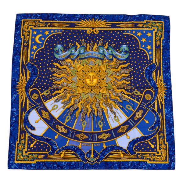 Hermes Silk Scarf Carre 90 "CARPE DIEM" Blue Silk Scarf