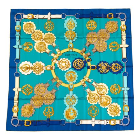 Rare! Hermes Silk Scarf Carre 90 "Cuivreries" Blue Silk Scarf