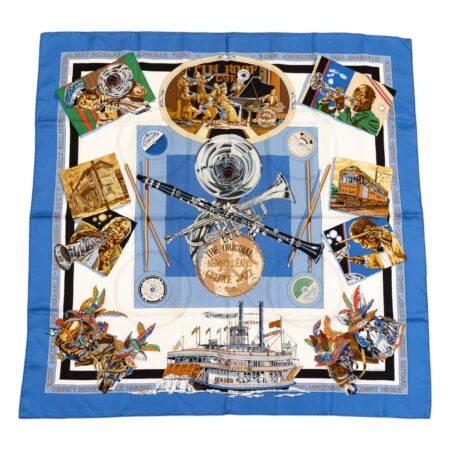 Hermes Silk Scarf Carre 90 "The Original New Orleans Creole Jazz 1923" Blue Silk Scarf