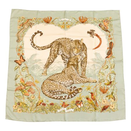 Hermes Silk Scarf Carre 90 "JUNGLE LOVE" Green Silk Scarf