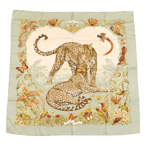 Hermes Silk Scarf Carre 90 "JUNGLE LOVE" Green Silk Scarf