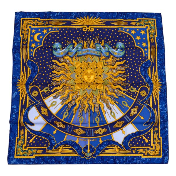 Hermes Silk Scarf Carre 90 "CARPE DIEM" Blue Silk Scarf