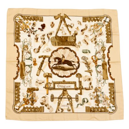 Hermes Silk Scarf Carre 90 "Copeaux" Beige Silk Pleats Scarf