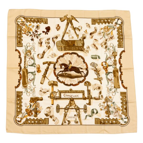 Hermes Silk Scarf Carre 90 "Copeaux" Beige Silk Pleats Scarf