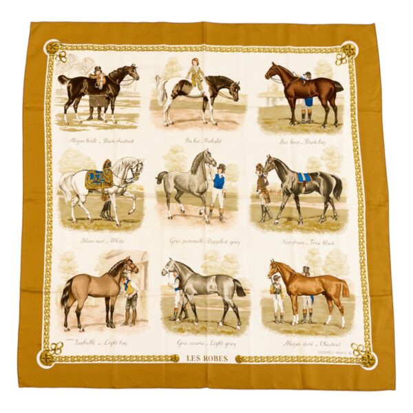 Hermes Silk Scarf Carre 90 "LES ROBES" Brown Silk Scarf