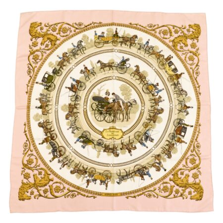 Hermes Silk Scarf Carre 90 "LA PROMENADE DE LONGCHAMPS" Pink Silk Pleats Scarf