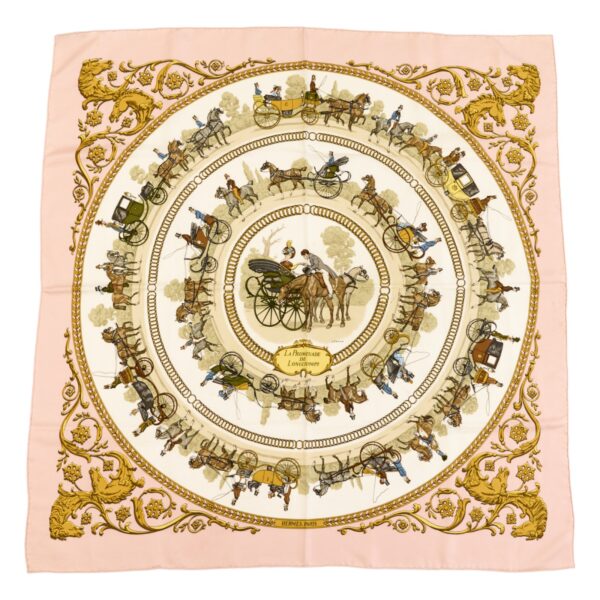 Hermes Silk Scarf Carre 90 "LA PROMENADE DE LONGCHAMPS" Pink Silk Pleats Scarf