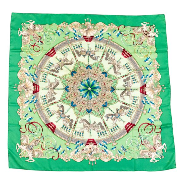 Hermes Silk Scarf Carre 90 "LUNA PARK" Green Silk Scarf